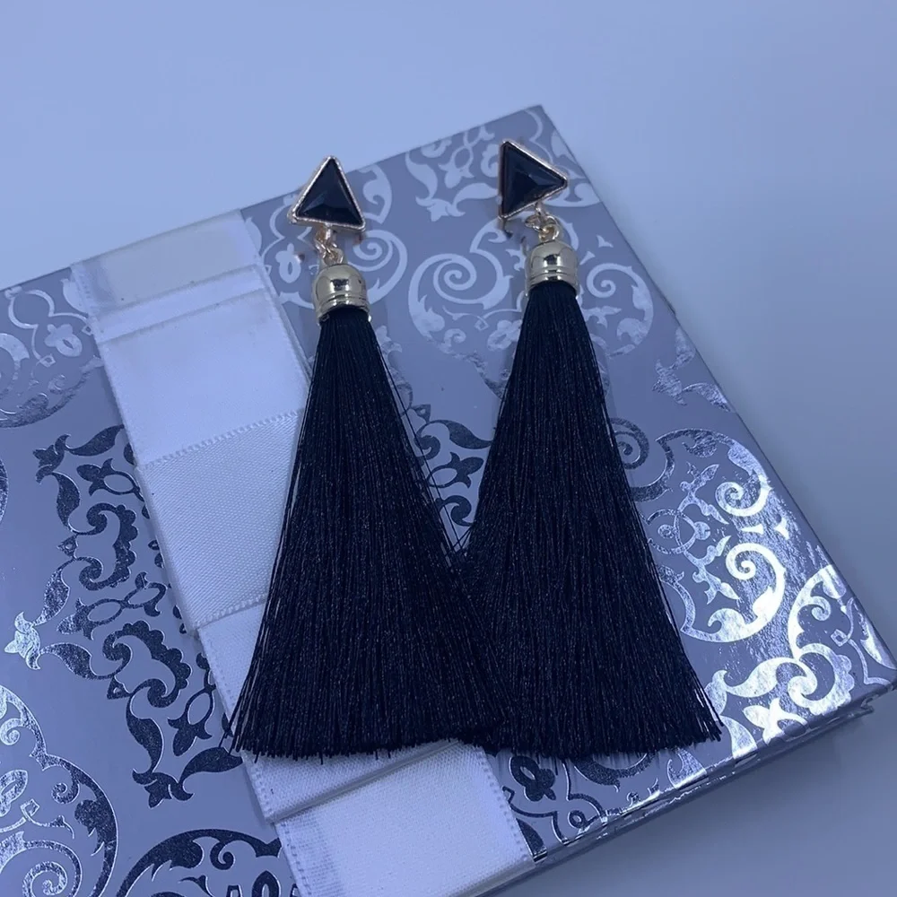 Black Boho Long Triangle Tassel Drop Earrings